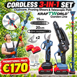 Cordless Garden Set 3in1 KraftWorld – Chainsaw Oiled Cutter, Scissors and Telescopic Pole