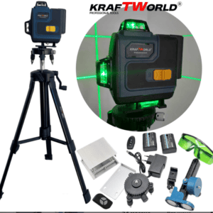Laser level Kraftworld 4×360° with touchscreen buttons, remote control and tripod in a suitcase