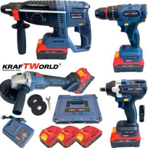 Cordless Brushless Machine Set 4in1 from Kraftworld Angle Grinder, Wrench, Screwdriver and Hammer Cordless Brushless Machine Set 4in1 from Kraftworld Angle Grinder, Wrench, Screwdriver and Hammer