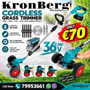Grass Trimmer-Cordless with Wheels and 2pcs 36V 8Ah batteries, 8 attachments