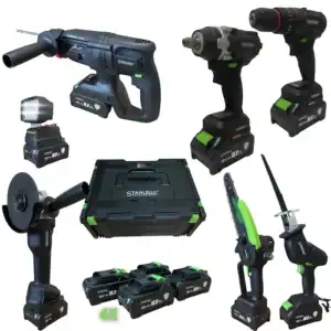Cordless machines 7 in 1-DRILL, SCREWDRIVER, WRENCH, ANGLE GRINDER, SABRE SAW, CUTTER WITH OILING AND LED LAMP 36V 10AH - WITH 4 BATTERIES AND PARTS IN A STAHLMAYER BLACK CASE