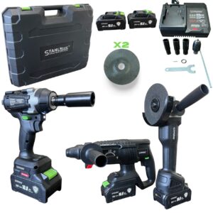 Cordless 4-in-1 Power Tool Set: Impact Wrench, Drill/Driver, Angle Grinder, and Rotary Hammer Cordless 4-in-1 Power Tool Set: Impact Wrench, Drill/Driver, Angle Grinder, and Rotary Hammer